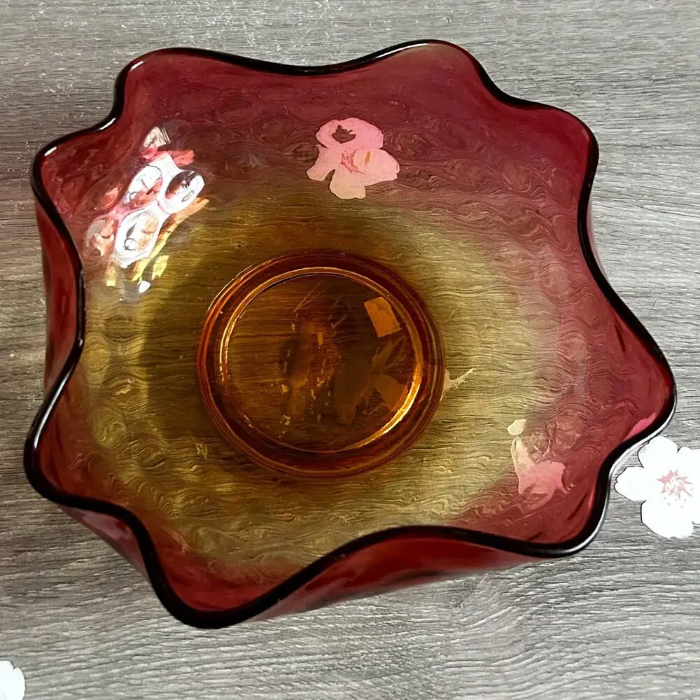 Antique Amberina Rose Amber Thumprint Art Glass Ruffle Edge Serving / Fruit Bowl